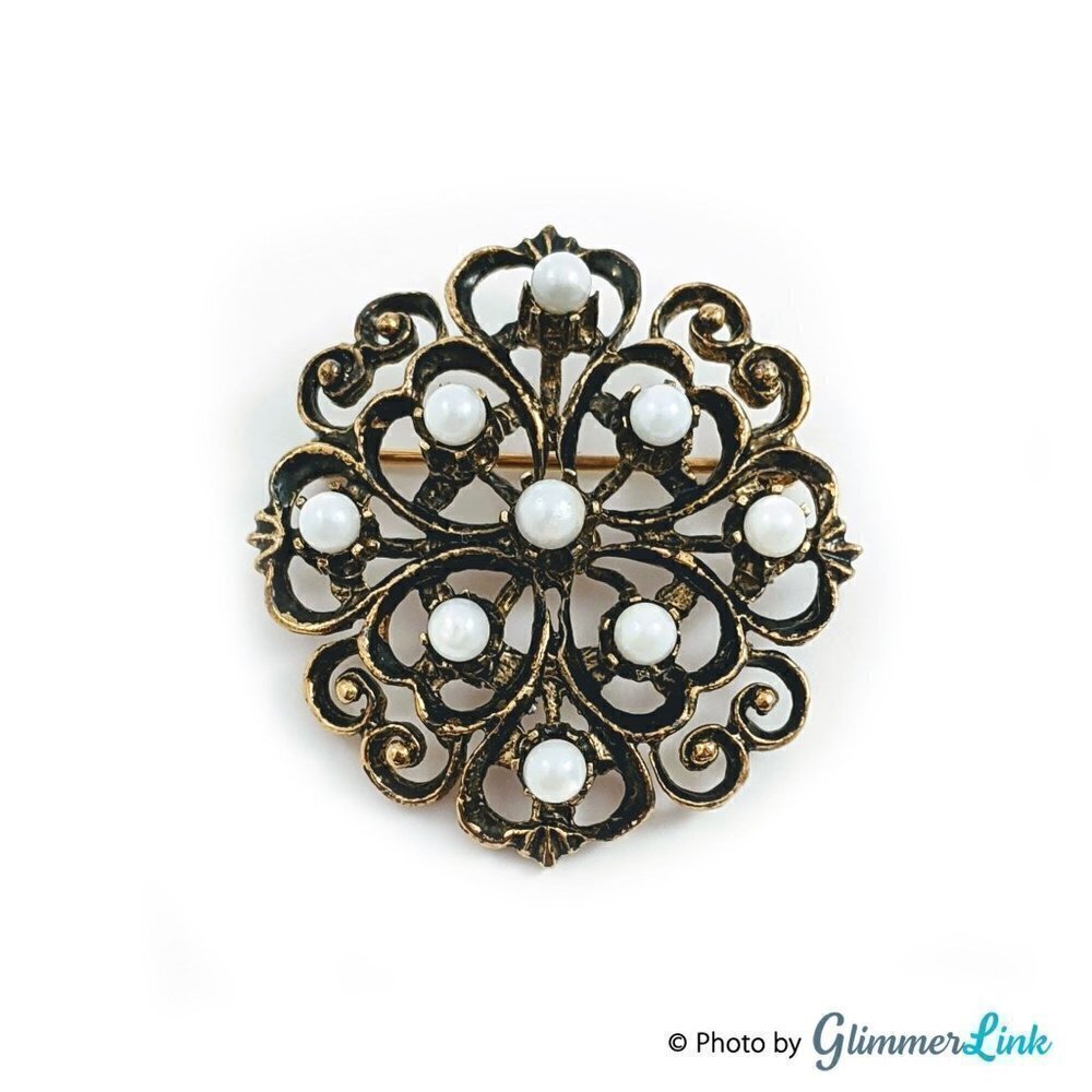 Vintage Sterling & Antiqued Gold Wash Heart Filigree Ornate Beaded Brooch